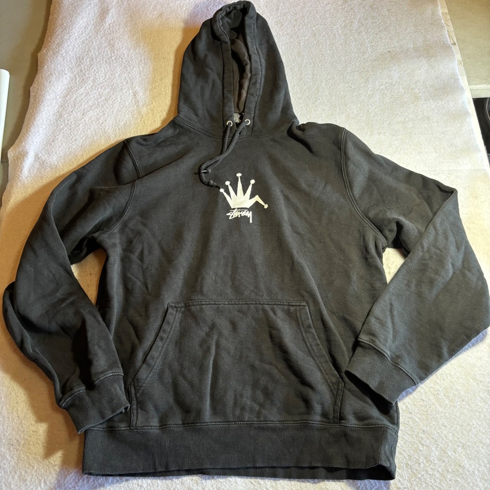 Stussy Crown Logo Pullover Hoodie Mens Medium Black Streetwear Sweatshirt